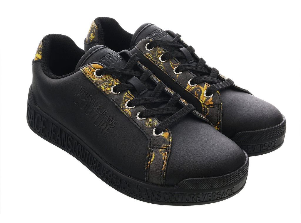 Versace Jeans Couture Black Baroque Print Trim Lace Up Sneakers-6