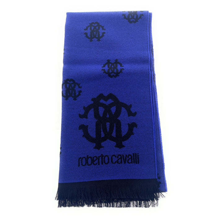 Roberto Cavalli Royal Blue Crest Logo Pattern Mens Wool Scarf