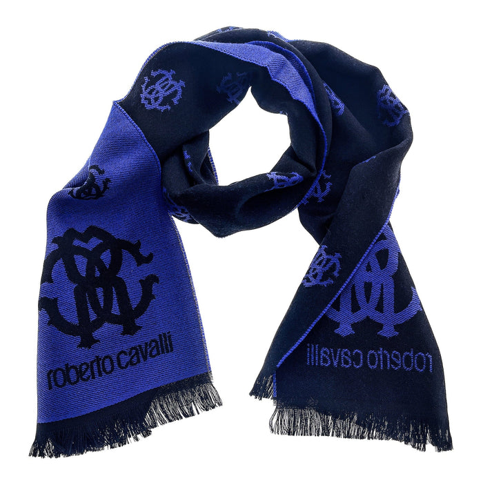 Roberto Cavalli Royal Blue Crest Logo Pattern Mens Wool Scarf