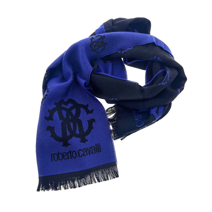Roberto Cavalli Royal Blue Crest Logo Pattern Mens Wool Scarf