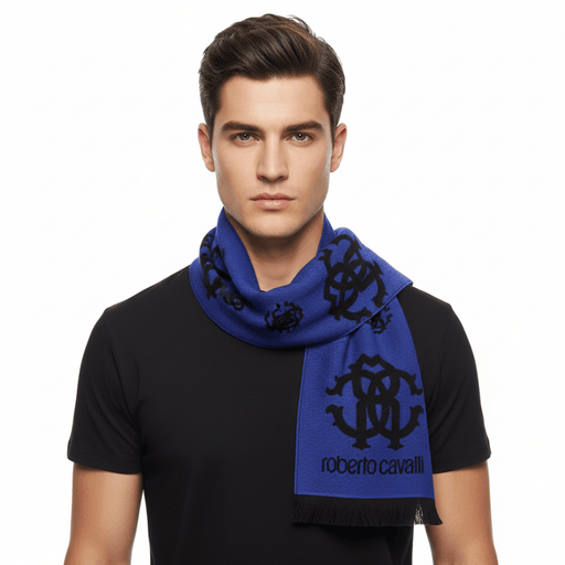 Roberto Cavalli Royal Blue Crest Logo Pattern Mens Wool Scarf