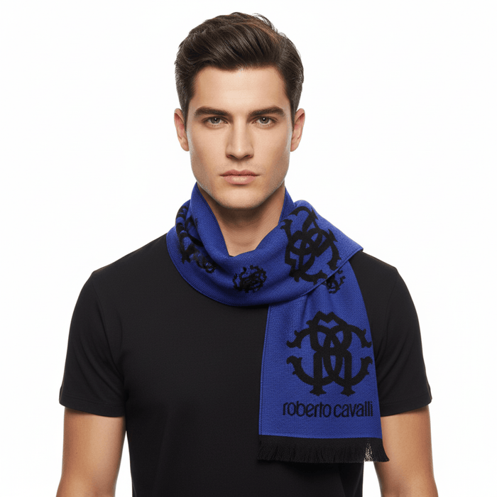 Roberto Cavalli Royal Blue Crest Logo Pattern Mens Wool Scarf