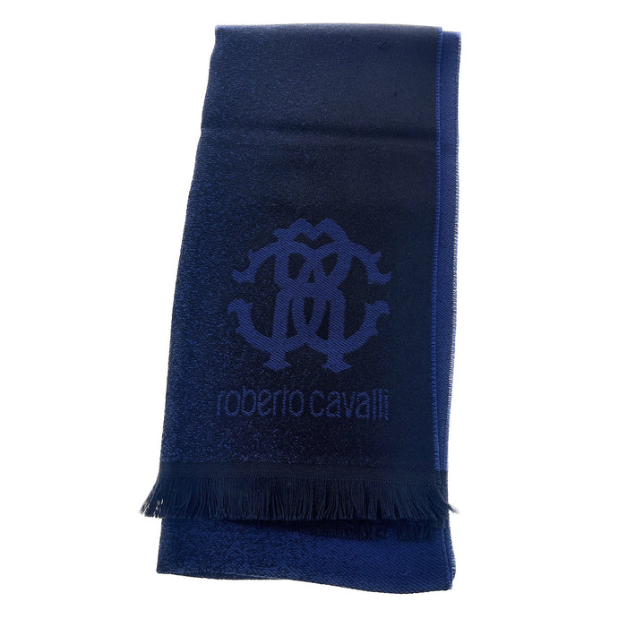 Roberto Cavalli Royal Navy Blue Crest Logo Pattern Mens Wool Scarf