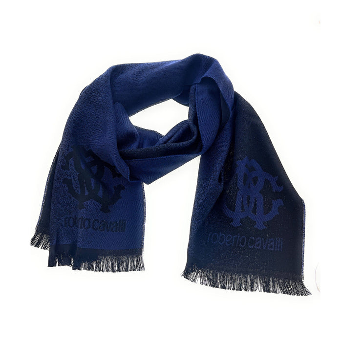 Roberto Cavalli Royal Navy Blue Crest Logo Pattern Mens Wool Scarf