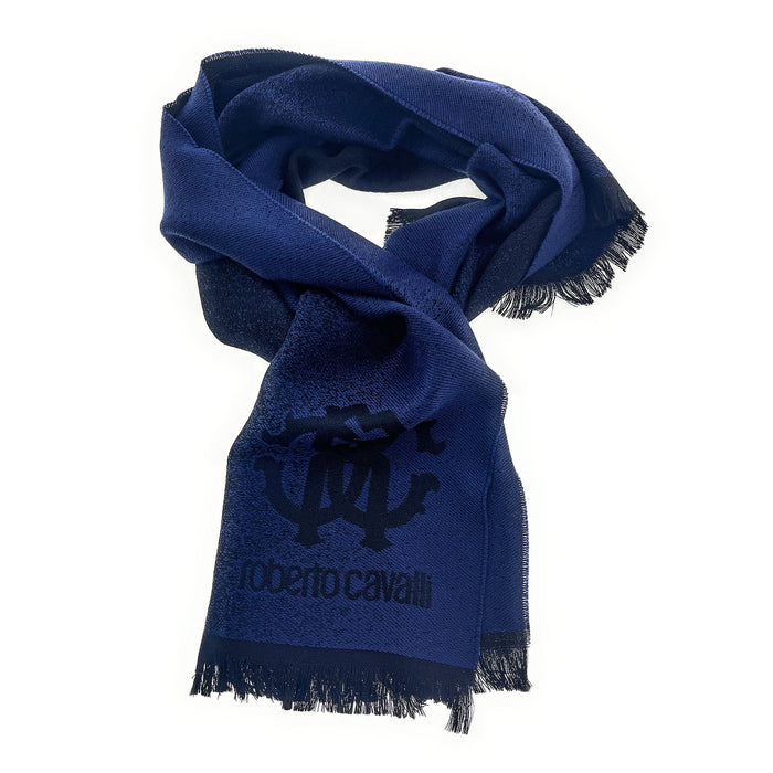 Roberto Cavalli Royal Navy Blue Crest Logo Pattern Mens Wool Scarf