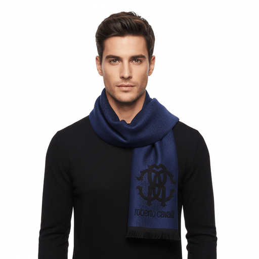 Roberto Cavalli Royal Navy Blue Crest Logo Pattern Mens Wool Scarf