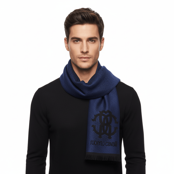 Roberto Cavalli Royal Navy Blue Crest Logo Pattern Mens Wool Scarf