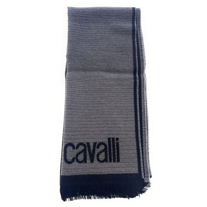 Roberto Cavalli Grey & Navy Monogram Logo Mens Wool Scarf