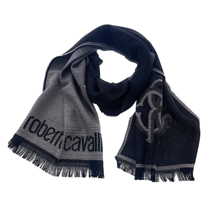 Roberto Cavalli Grey & Navy Monogram Logo Mens Wool Scarf