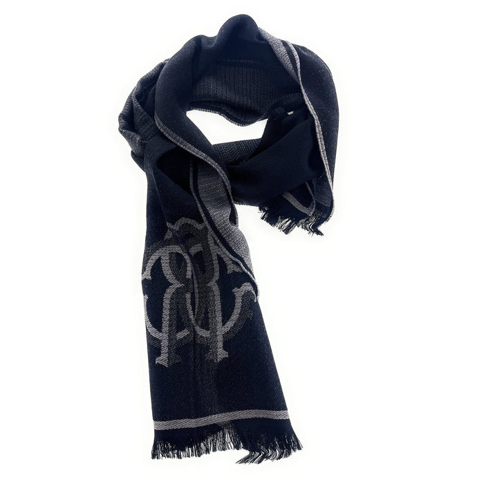 Roberto Cavalli Grey & Navy Monogram Logo Mens Wool Scarf
