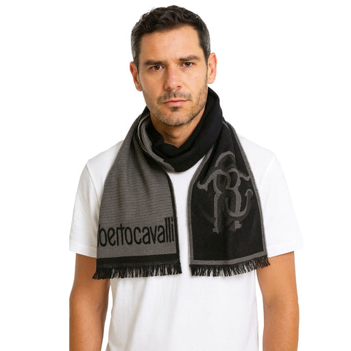 Roberto Cavalli Grey & Navy Monogram Logo Mens Wool Scarf