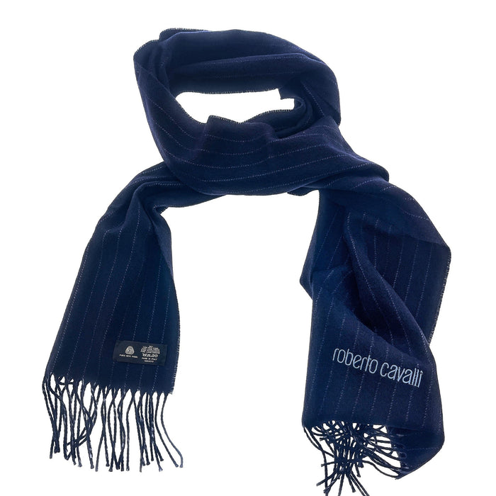 Roberto Cavalli Dark Blue Pinstripe pattern Mens Wool Scarf