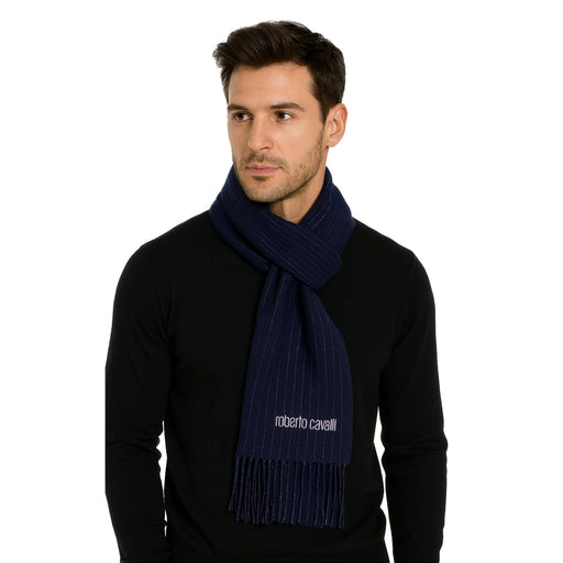 Roberto Cavalli Dark Blue Pinstripe pattern Mens Wool Scarf