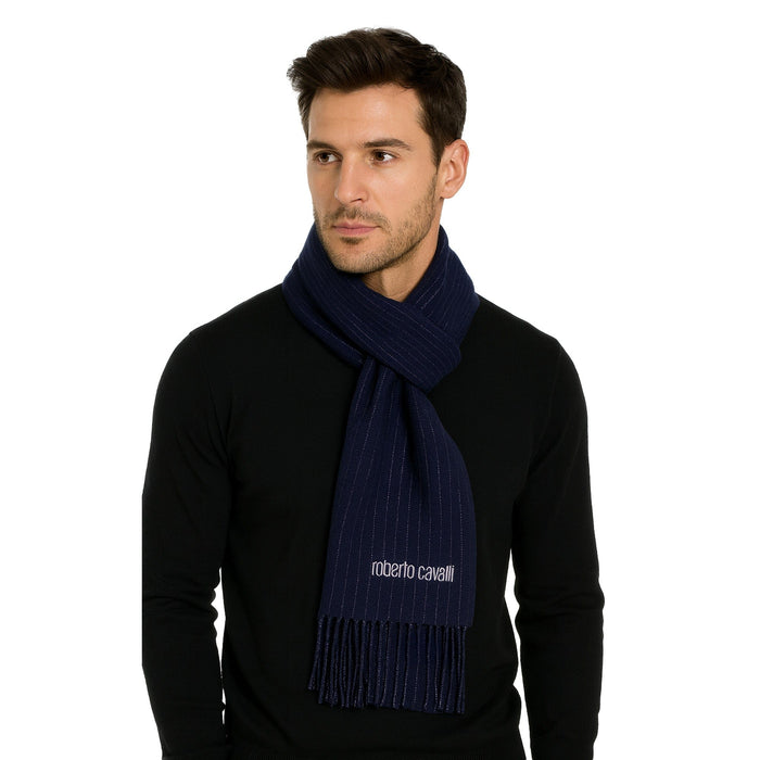 Roberto Cavalli Dark Blue Pinstripe pattern Mens Wool Scarf