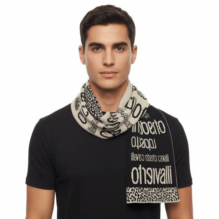 Roberto Cavalli Black & Cream Cheetah print Mens Wool Scarf