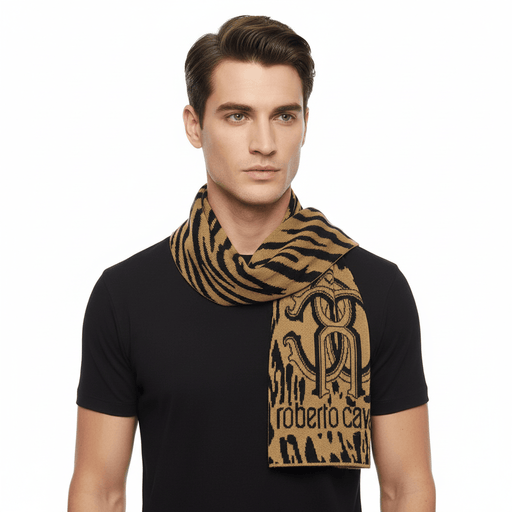 Roberto Cavalli Orange & Black Spotted Tiger stripe Mens Wool Scarf