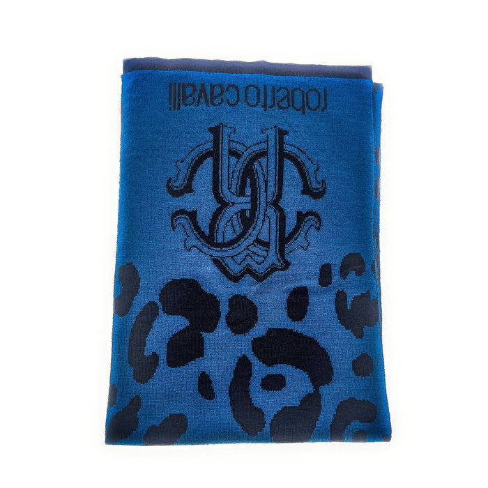 Roberto Cavalli Blue Jaguar Print Mens Wool Scarf