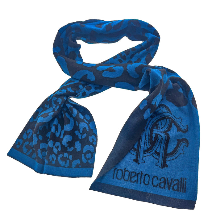 Roberto Cavalli Blue Jaguar Print Mens Wool Scarf