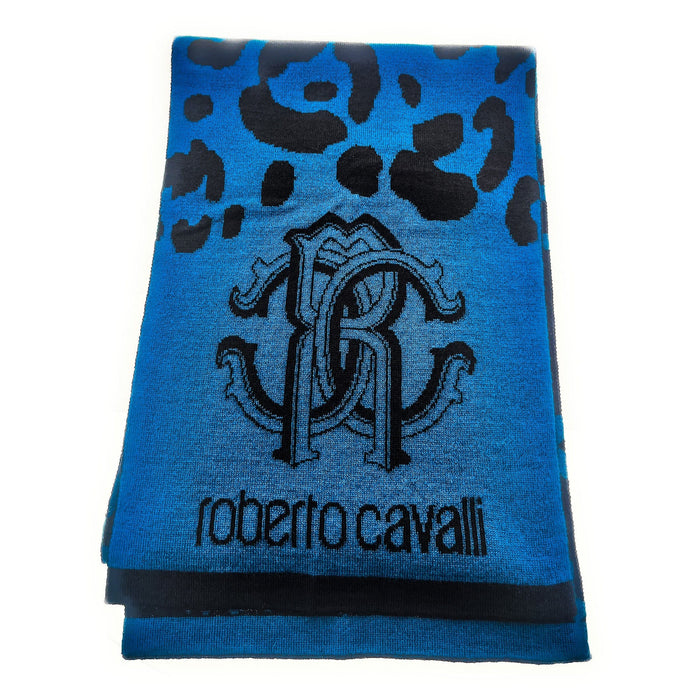 Roberto Cavalli Blue Jaguar Print Mens Wool Scarf