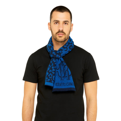 Roberto Cavalli Blue Jaguar Print Mens Wool Scarf