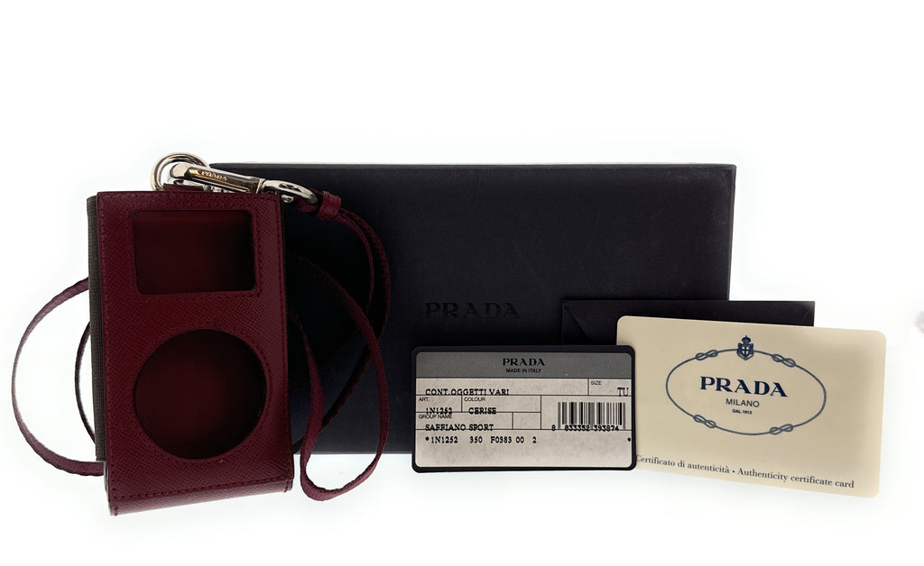 Prada Burgundy Leather Signature Ipod Case Accessory Bag Charm