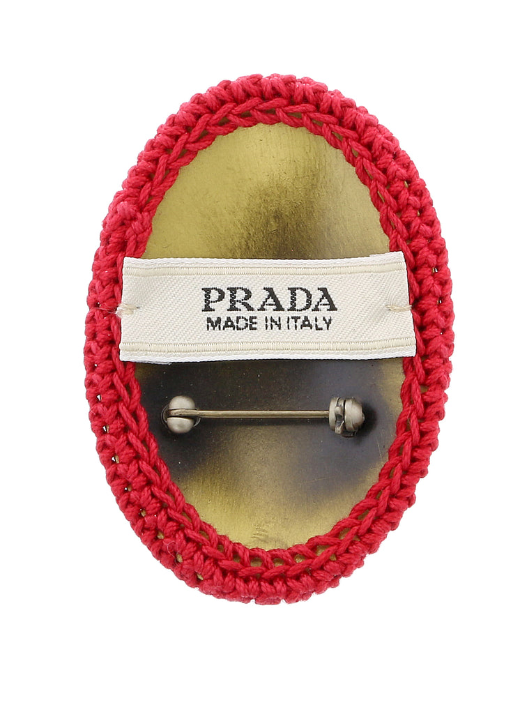 Prada Red Crochet Oval Brooch Pin-one size