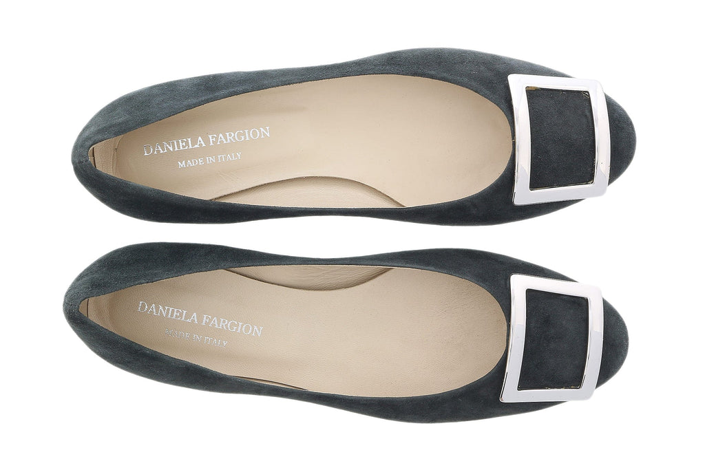 Daniela Fargion Sage/Silver Suede Square Buckle Flat Ballerina Shoes-