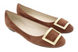 Daniela Fargion Brown/Gold Suede Square Buckle Flat Ballerina Shoes-