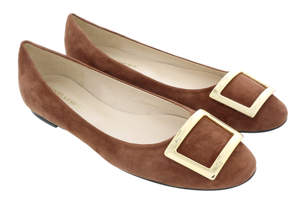 Daniela Fargion Brown/Gold Suede Square Buckle Flat Ballerina Shoes-8