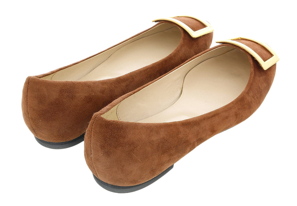 Daniela Fargion Brown/Gold Suede Square Buckle Flat Ballerina Shoes-