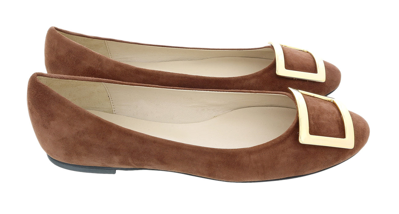 Daniela Fargion Brown/Gold Suede Square Buckle Flat Ballerina Shoes-