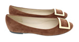 Daniela Fargion Brown/Gold Suede Square Buckle Flat Ballerina Shoes-