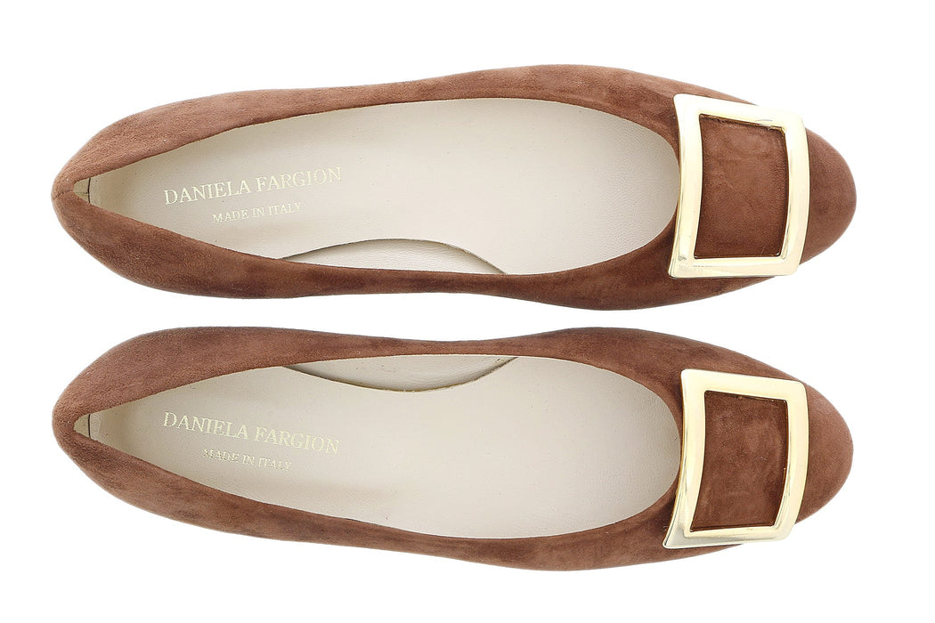 Daniela Fargion Brown/Gold Suede Square Buckle Flat Ballerina Shoes-