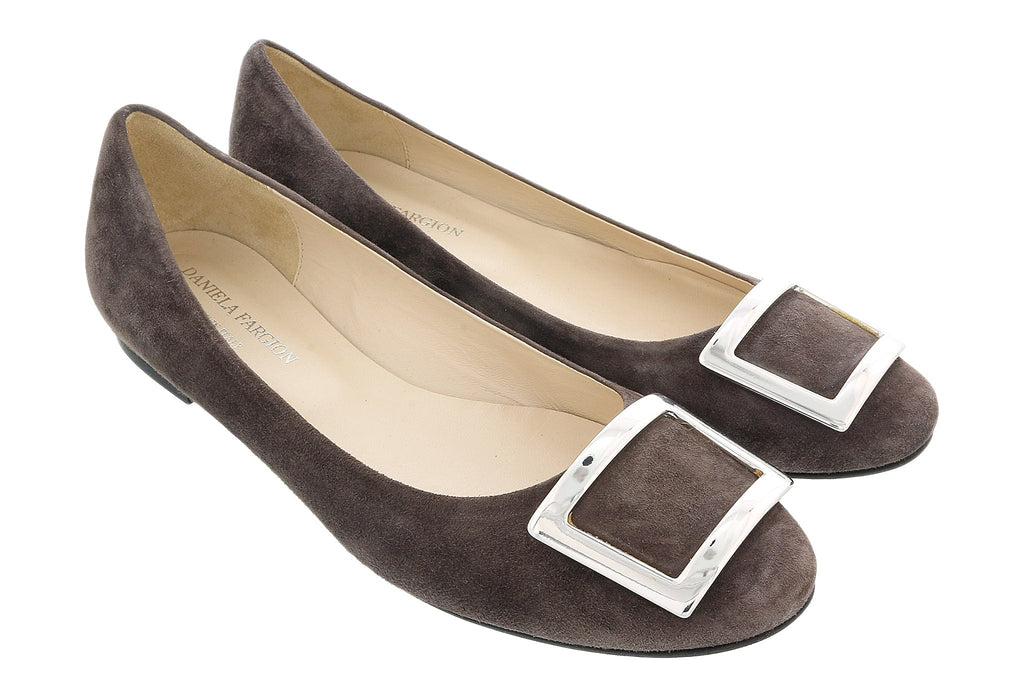Daniela Fargion Brown/Silver Suede Square Buckle Flat Ballerina Shoes-9