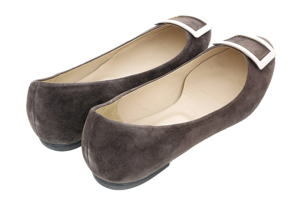 Daniela Fargion Brown/Silver Suede Square Buckle Flat Ballerina Shoes-