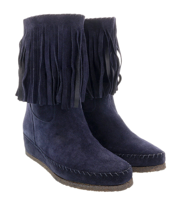 Daniela Fargion Blue Suede Suede Mid Calf Low Wedge Heel Boots-