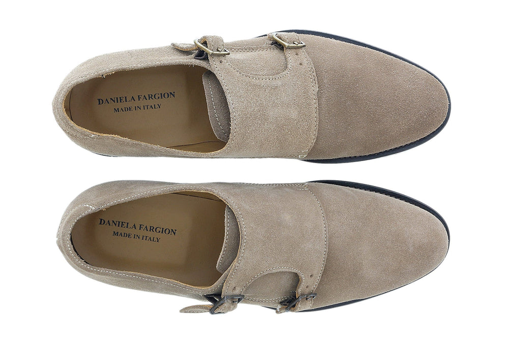 DANIELA FARGION Beige Leather Suede Double Monk Distressed Strap Shoes-