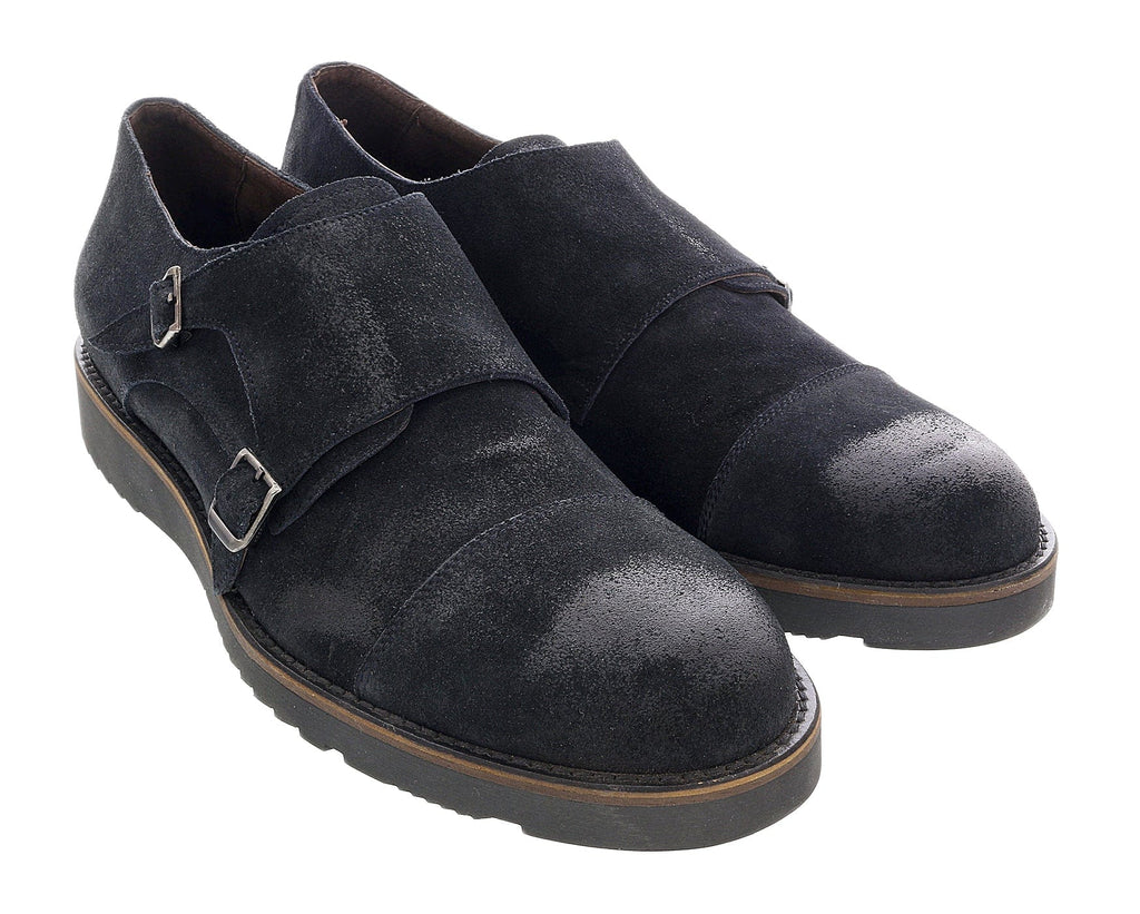 DANIELA FARGION Black Leather Suede Double Monk Distressed Strap Shoes-11