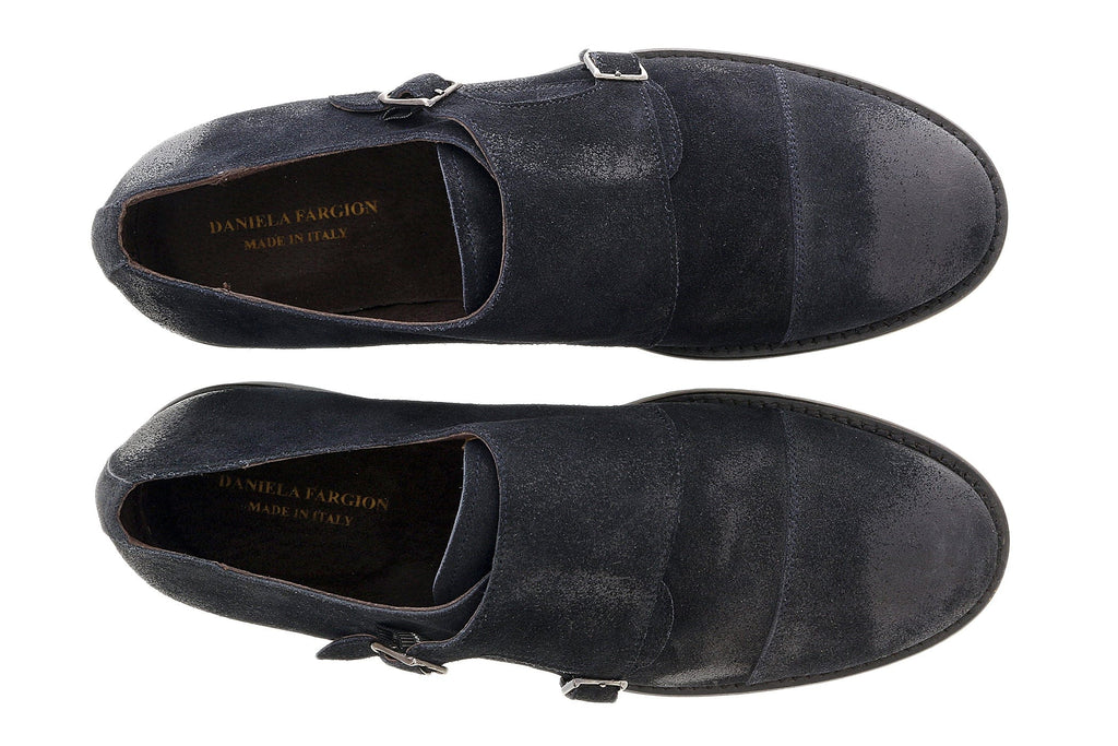 DANIELA FARGION Black Leather Suede Double Monk Distressed Strap Shoes-