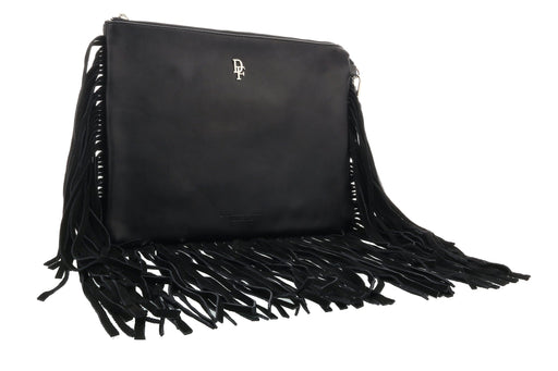 Daniela Fargion Black Leather Suede Fringe Pouch Clutch