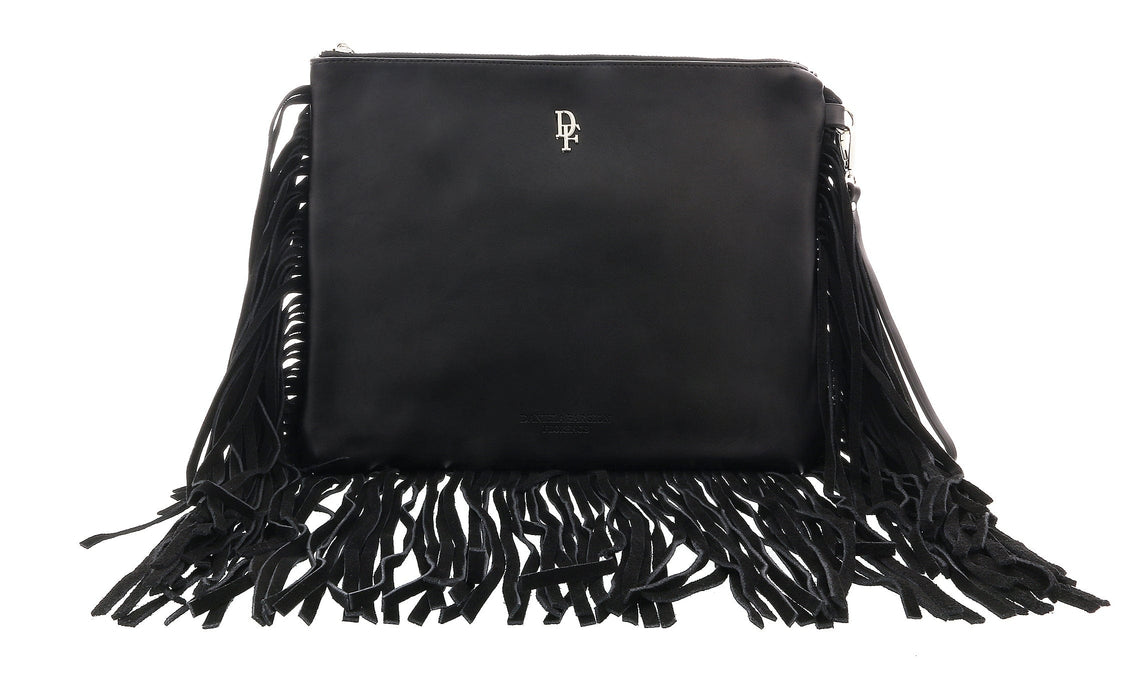 Daniela Fargion Black Leather Suede Fringe Pouch Clutch