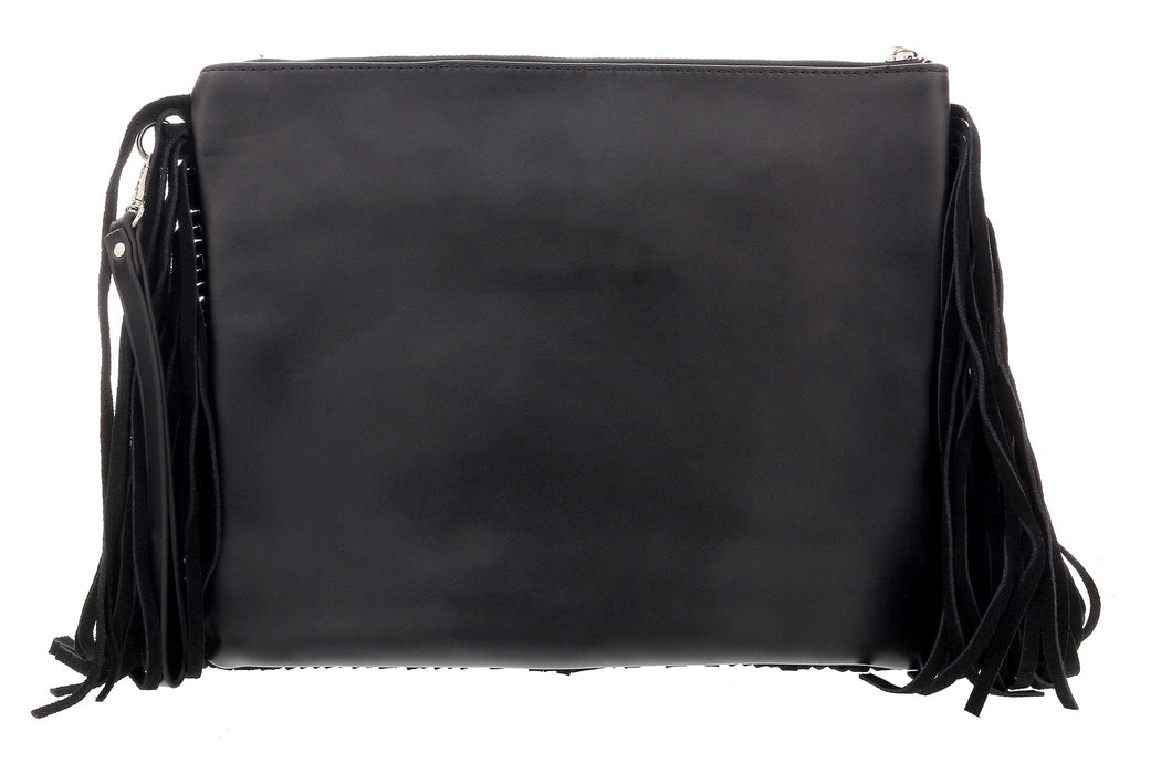 Daniela Fargion Black Leather Suede Fringe Pouch Clutch