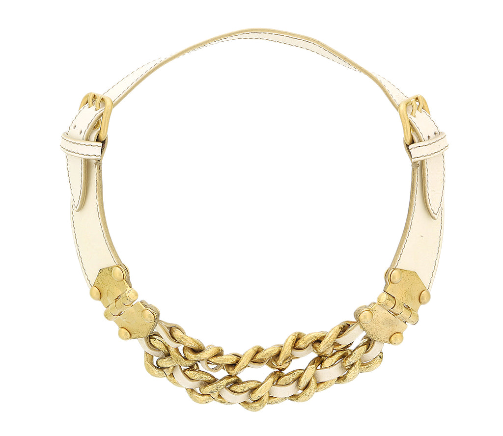 Miu Miu Ivory Leather Woven Gold Chain Choker Necklace-One Size