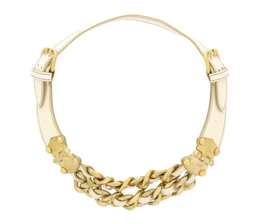 Defective Miu Miu Ivory Leather Woven Gold Chain Choker Necklace-One Size