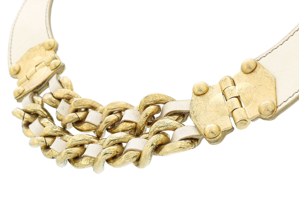 Miu Miu Ivory Leather Woven Gold Chain Choker Necklace-One Size