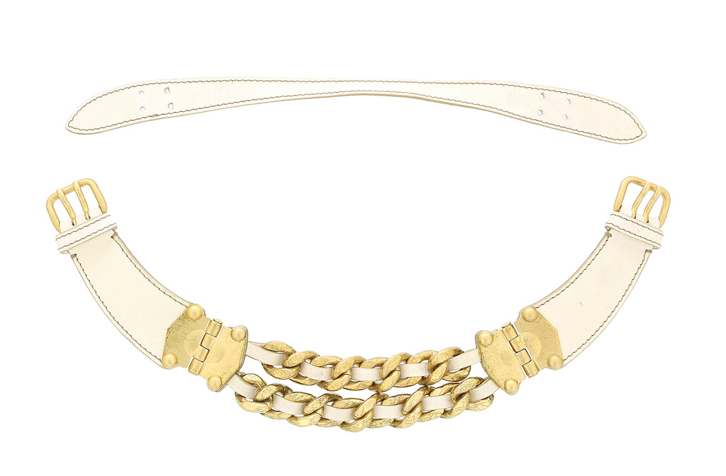 Miu Miu Ivory Leather Woven Gold Chain Choker Necklace-One Size