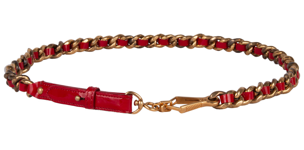 Miu Miu Red Narrow Leather Aged Distressed Gold Curb Chain  Belt-34