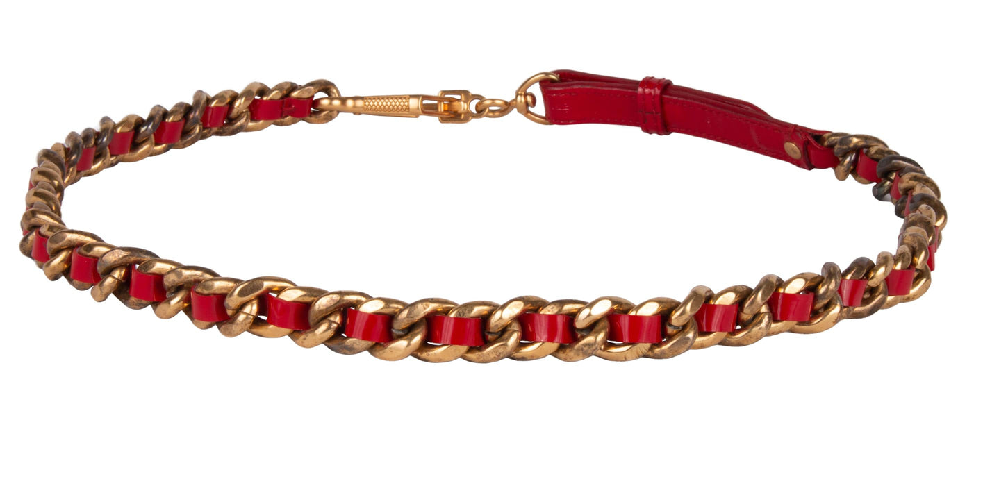 Miu Miu Red Narrow Leather Aged Distressed Gold Curb Chain  Belt-