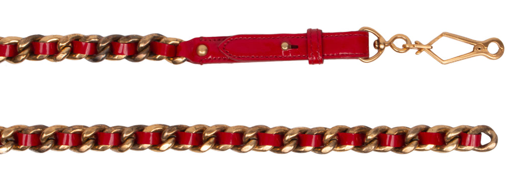 Miu Miu Red Narrow Leather Aged Distressed Gold Curb Chain  Belt-