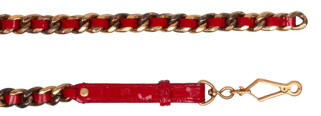 Miu Miu Red Narrow Leather Aged Distressed Gold Curb Chain  Belt-